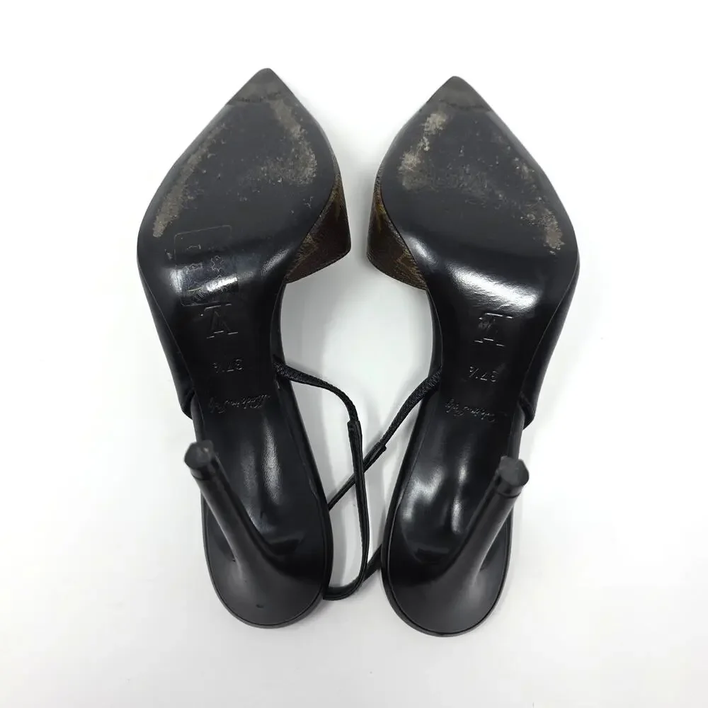 Louis Vuitton Monogram Slingback Pumps Cherie Pointed Toe Leather Heels 37.5 7.5